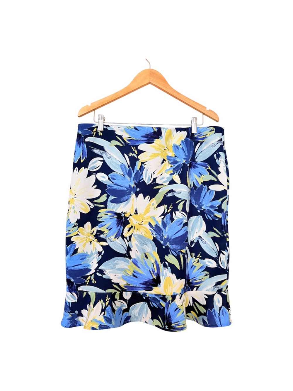 Messini Blue Yellow Floral Patterns Pencil Skirt With Ruffle Hem Casual Skirt XL